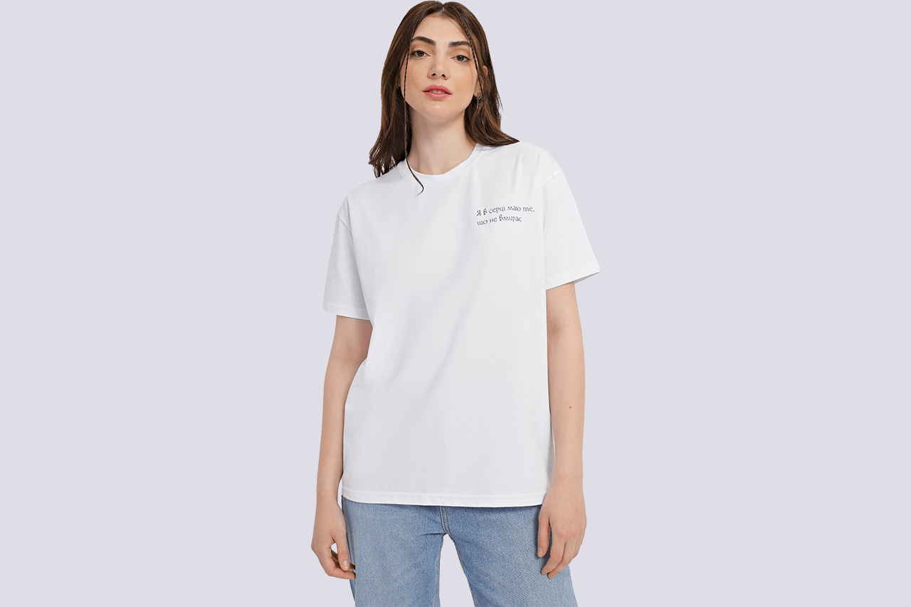 Біла жіноча футболка з фразою «Мавки»  INTERTOPxMAVKA