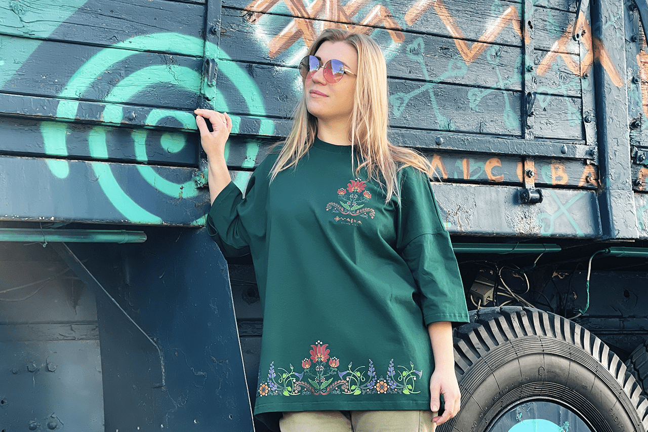 Green t-shirt with flowers "Mavka"